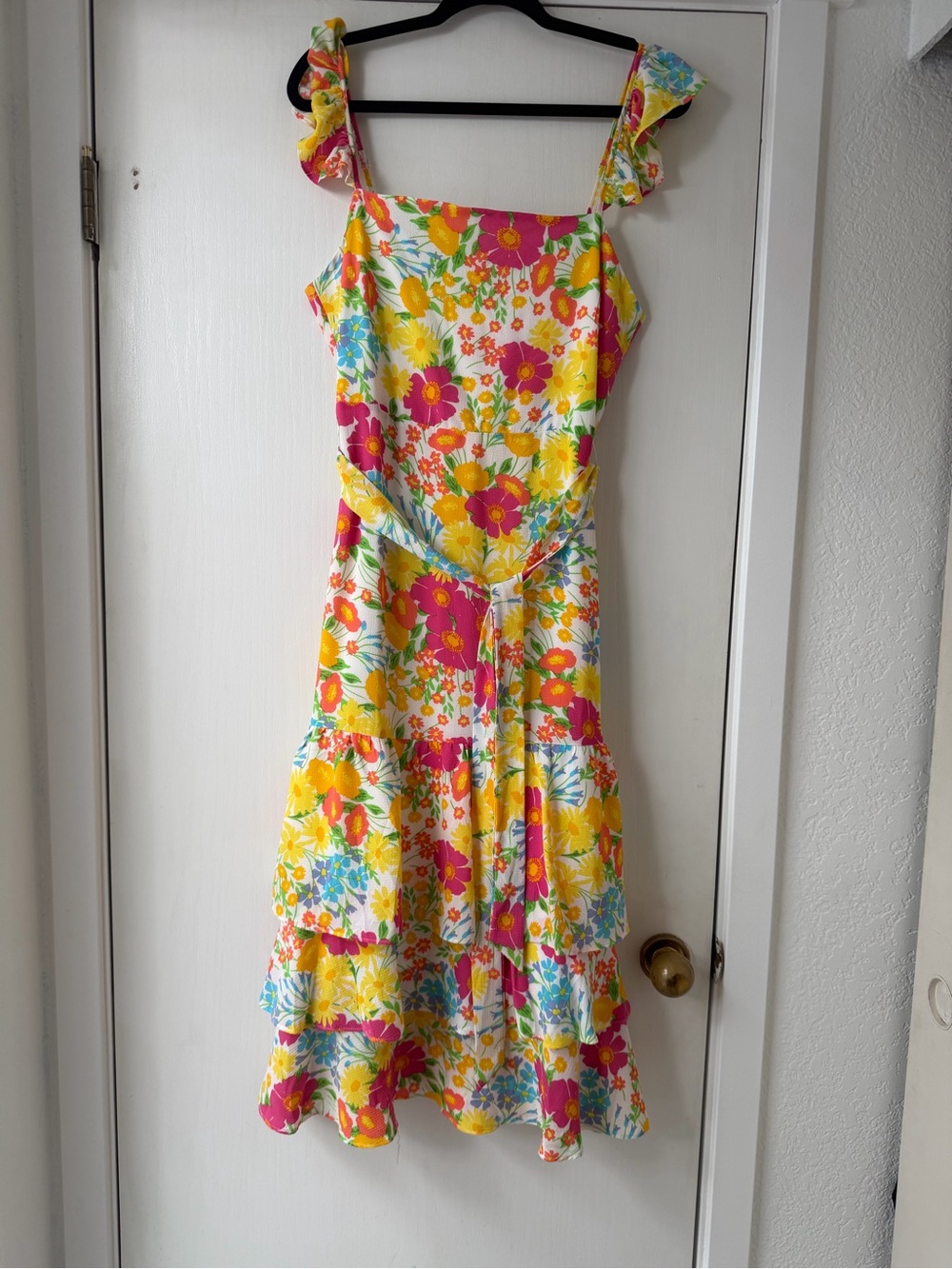 Sugarlips Yellow Floral Midi Dress with Pink & Blue Accents